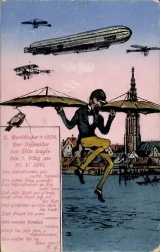 Ak Ulm an der Donau, Schneider, Erfinder Albrecht Ludwig Berblinger, Flug am 31. Mai 1811