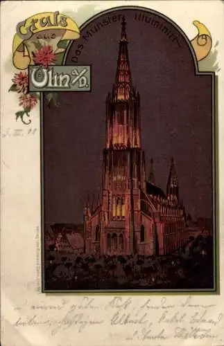 Passepartout Litho Ulm an der Donau, Münster bei Nacht