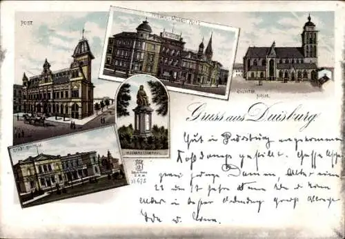 Litho Duisburg im Ruhrgebiet, Post, Kriegerdenkmal, Kirche