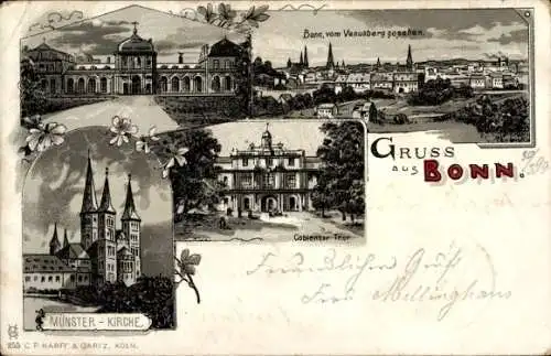 Litho Bonn am Rhein, Münster, Kirche, Panorama, Venusberg, Koblenzer Tor