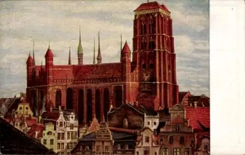 Künstler Ak Kriesel, Paul, Gdańsk Danzig, Blick auf die St. Marien Kirche, Häuser