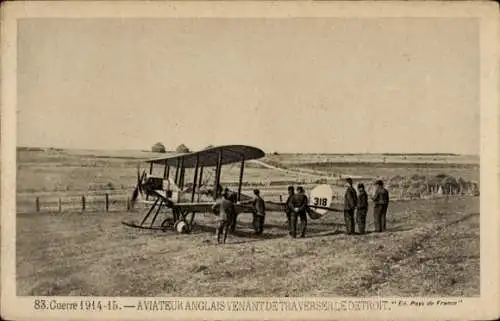 Ak Aviateur anglais venant de traversée le Detroit, Guerre 1914-1915, I. WK