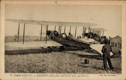 Ak Britisches Militärflugzeug, 1. WK 1914-15, englischer Pilot, Abflug zur Front