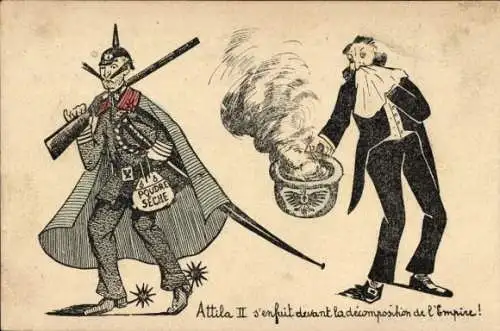 Ak Wilhelm II, Attila II, Zerfall des Reiches, Helm als Nachttopf, belgische Karikatur, 1. WK