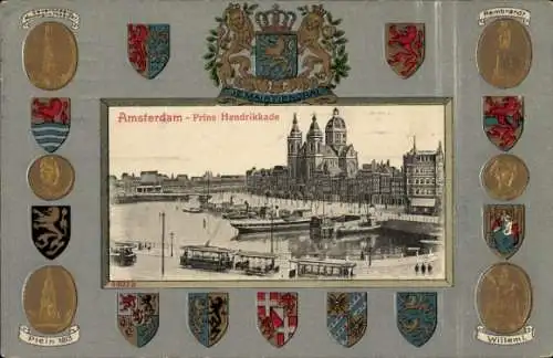 Präge Wappen Passepartout Ak Amsterdam Nordholland Niederlande, Prins Hendrikkade