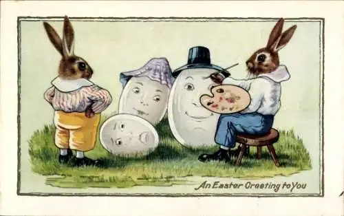 Ak Frohe Ostern, Osterhasen bemalen vermenschlichte Ostereier