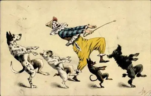 Litho Clown tanzt mit Hunden