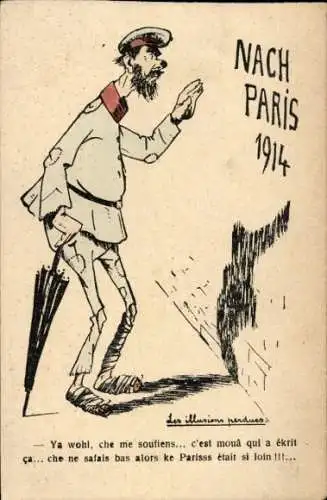 Künstler Ak Nach Paris 1914, Soldat mit Schirm, belgische Karikatur, 1. WK