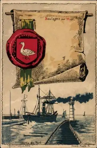 Künstler Wappen Litho Hantz, Helene, Boulogne sur Mer Pas de Calais, Sortie du Port, Leuchtturm