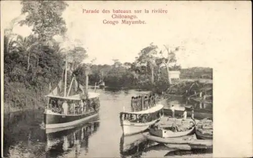 CPA Mayumbe Mayombe DR Kongo Zaire, Parade des bateaux sur la riviere Chiloango