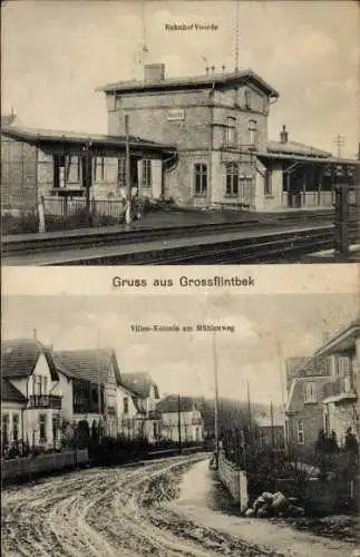 Ak Großflintbek Groß Flintbek in Holstein, Bahnhof Voorde Gleisseite, Villenkolonie am Mühlenweg