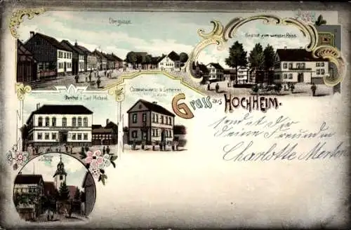 Litho Hochheim Erfurt in Thüringen, Obergasse, Gasthof zum weißen Ross, Kirche, Gasthof Carl Michael