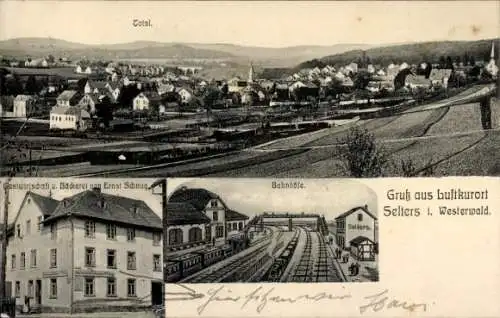 Ak Selters im Westerwald, Gesamtansicht, Gastwirtschaft und Bäckerei Ernst Schnug, Bahnhöfe