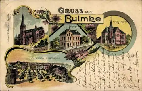 Litho Bulmke Hüllen Gelsenkirchen Ruhrgebiet, Kath. und Ev. Kirche, Postamt, Marktplatz, Carlschule