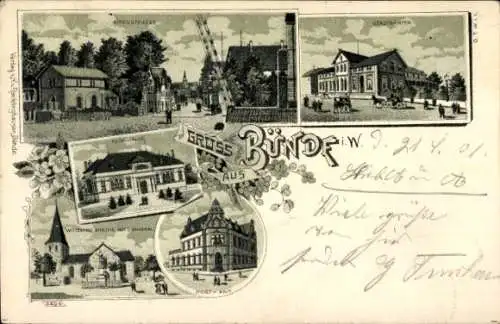 Litho Bünde in Ostwestfalen, Kirchstraße, Stadtgarten, Turnhalle, Wittekindkirche