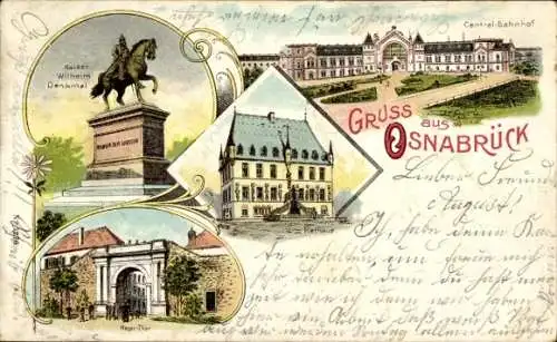 Litho Osnabrück in Niedersachsen, Reiterdenkmal Kaiser Wilhelm, Heger Tor, Zentralbahnhof, Rathaus