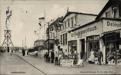 Ak Nordseebad Wangerooge in Ostfriesland, Zedeliusstraße, Delikatessenhaus, Geschäft H. G. von Ahn