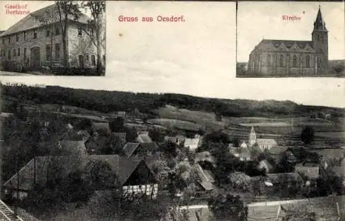 Ak Oesdorf Marsberg im Sauerland, Gesamtansicht, Kirche, Gasthof Berhorst