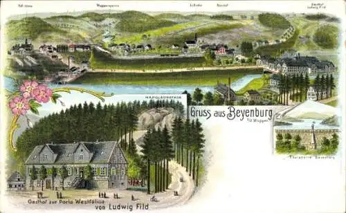 Litho Beyenburg Wuppertal, Panorama, Talsperre, Gasthof zur Porta Westfalica von Ludwig Fild