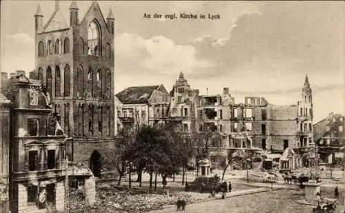 Ak Ełk Lyck Masuren Ostpreußen, evangelische Kirche, Kriegszerstörung I. WK