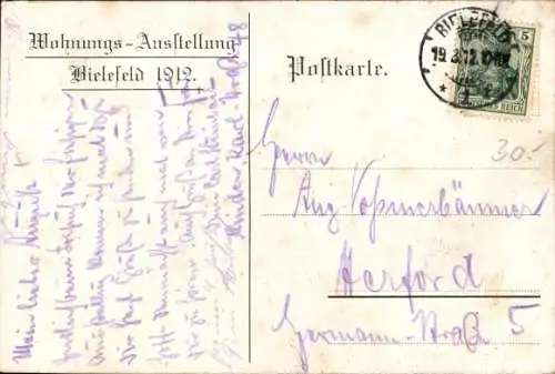 Ak Bielefeld in Nordrhein Westfalen, Wohnungs-Ausstellung 1912, Carl Kind Jr., Cliche's Stempel