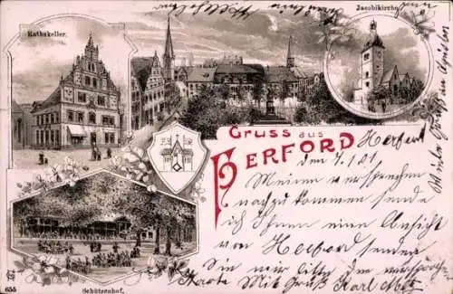 Litho Herford in Westfalen, Ratskeller, Jacobikirche, Schützenhof, Wappen