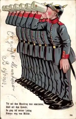 Ak Deutsche Soldaten trinken Bier, Bierkrug, Kaiserzeit, Soldatenleben