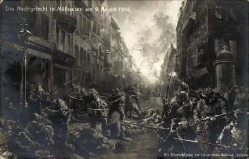 Ak Mulhouse Mülhausen Elsass Haut Rhin, Das Nachtgefecht in Mülhausen am 9. August 1914.