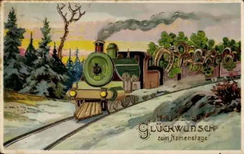 Ak Glückwunsch Namenstag, Eisenbahn, Hufeisen, Glücksklee