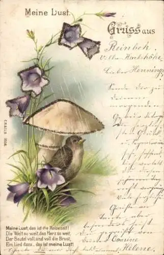Glitzer Litho Regnerisches Wetter, Blumen, Pilz, Vogel