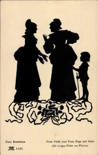 Scherenschnitt Künstler Ak Konewka, Paul, Frau Fluth und Frau Page mit Sohn