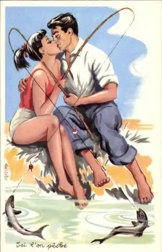 Künstler Ak Jci l'on pêche, Liebespaar beim Angeln, Humor