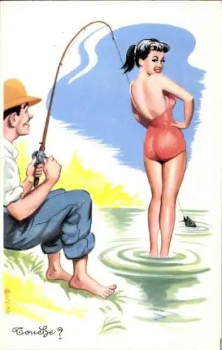 Künstler Ak Frau im Badeanzug, Angler, Humor
