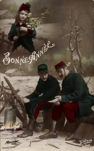 Ak Glückwunsch Neujahr, französische Soldaten, Lagerfeuer