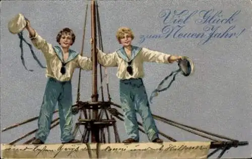 Litho Fröhliches Neujahr, zwei Jungen in Matrosenuniform winken mit ihren Mützen