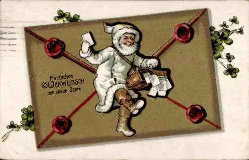 Präge Ak Fröhliches Neujahr, Zwerg als Postbote, Brief, Kleeblätter