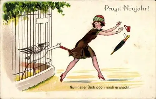 Ak Fröhliches Neujahr, Nun hat er Dich doch noch erwischt, Frau wird von Storch gezwickt