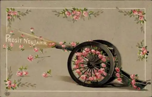 Präge Ak Fröhliches Neujahr, Kanone, Rosen
