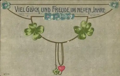 Präge Ak Fröhliches Neujahr, Kleeblätter, Vergissmeinnicht, Herz