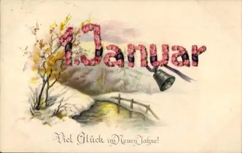 Buchstaben Ak Fröhliches Neujahr, 1. Januar, Glocke, Winterlandschaft