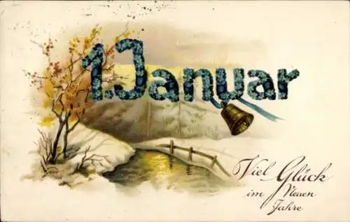 Buchstaben Ak Fröhliches Neujahr, 1. Januar, Glocke, Winterlandschaft