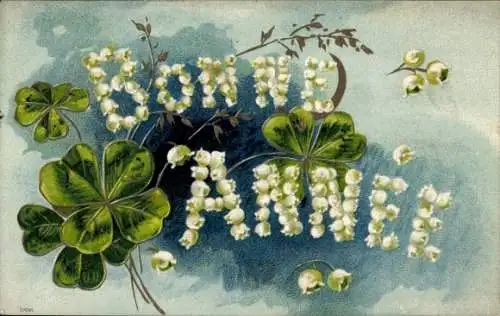 Präge Ak Fröhliches Neujahr, Kleeblätter, Schriftzug aus Maiglöckchen