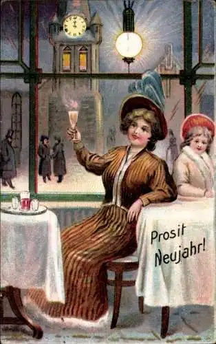 Ak Fröhliches Neujahr, Dame mit Sektglas