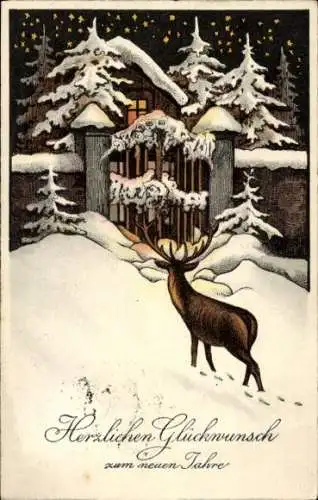 Ak Fröhliches Neujahr, Hirsch vor einem verschneiten Haus