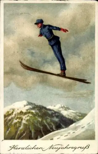 Ak Fröhliches Neujahr, Skispringer springt über eine verschneite Berglandschaft.