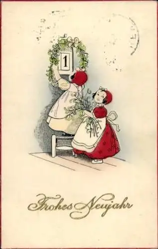 Ak Fröhliches Neujahr, Mädchen schmücken Kalender mit Girlande aus Mistelzweigen