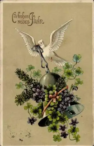 Präge Ak Fröhliches Neujahr, weiße Taube, Glocke, Kleeblätter, Veilchen