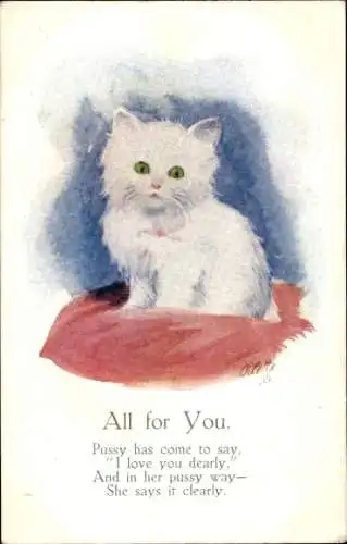 Ak Kleine weiße Katze auf rotem Kissen