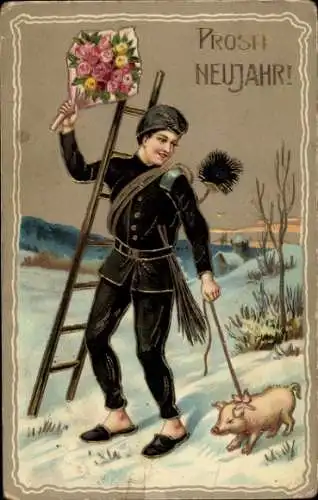 Glitzer Ak Glückwunsch Neujahr, Schornsteinfeger, Schwein