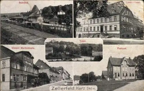 Ak Clausthal Zellerfeld im Oberharz, Bahnhof, Landratsamt, Postamt, Untere Marktstraße